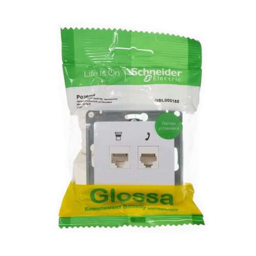 Розетка с/у GLOSSA RJ11+RJ45 2м белый механизм кат.5E (телеф.+комп.) (упак-10шт) SchE                                         фото 4                    