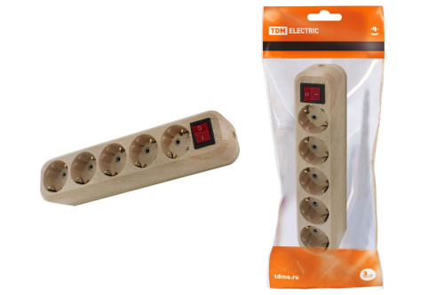 Колодка розеточная 5 гнезд 2П+3 с выключателем16А 250В "Эко"(сосна) ТДМ                                        