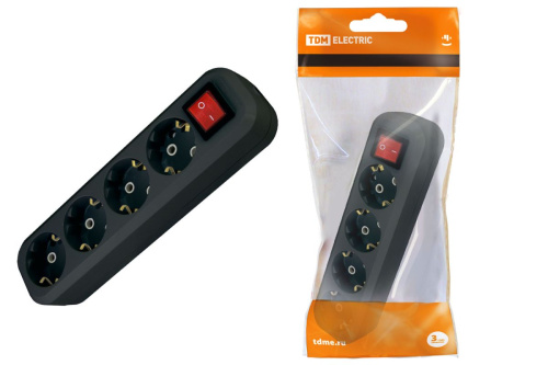 Колодка розеточная 4 гнезда 2П+3 c выключателем 16А 250В черная ТДМ                                        