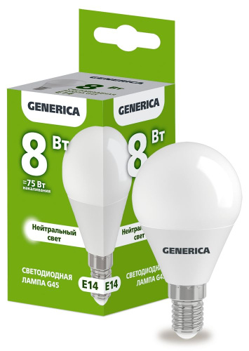 Лампа светодиодная   8Вт E14 G45 4000К шар (упак-100шт) GENERICA                                        