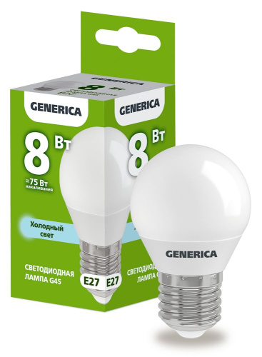 Лампа светодиодная   8Вт E27 G45 6500К шар (упак-100шт) GENERICA                                        