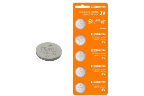 Элемент питания CR2025 Lithium 3V BP-5 (в упак - 5 шт) ТДМ                                        
