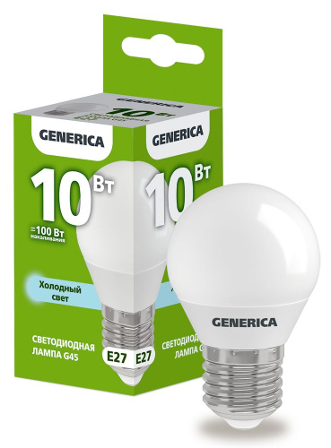 Лампа светодиодная  10Вт E27 G45 6500К шар (упак-100шт) GENERICA                                        