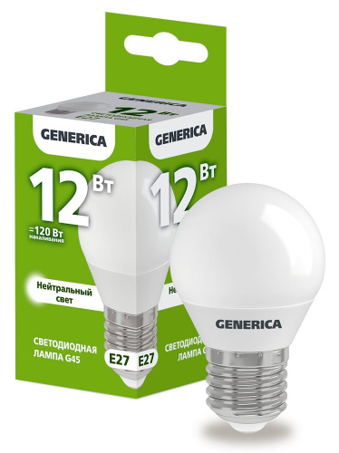 Лампа светодиодная  12Вт E27 G45 4000К шар (упак-100шт) GENERICA                                        