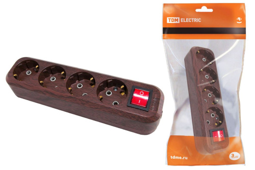 Колодка розеточная 4 гнезда 2П+3 с выключателем16А 250В "Эко" (бук) ТДМ                                        